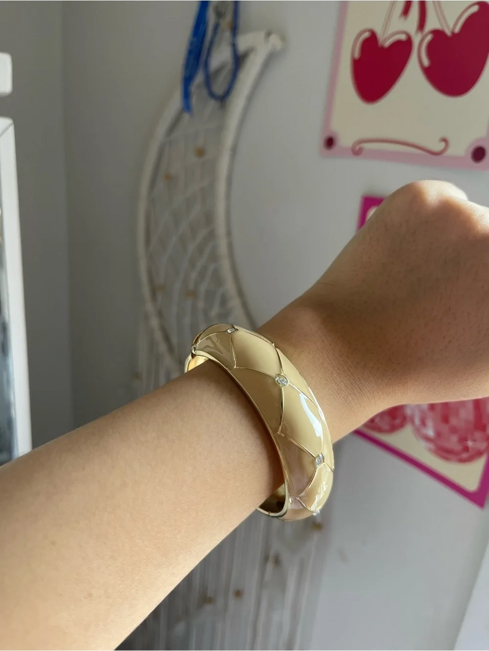 Cream Enamel Bangle Bracelet with Gem Accents
